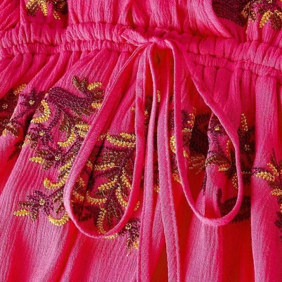 Deep V-Neck Floral Embroidered Batwing Sleeve Dress Hot Pink