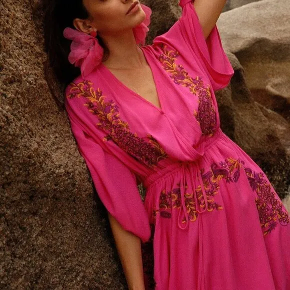 Deep V-Neck Floral Embroidered Batwing Sleeve Dress Hot Pink