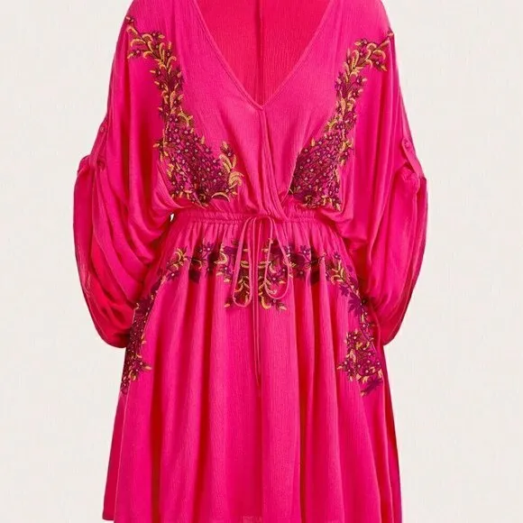 Deep V-Neck Floral Embroidered Batwing Sleeve Dress Hot Pink