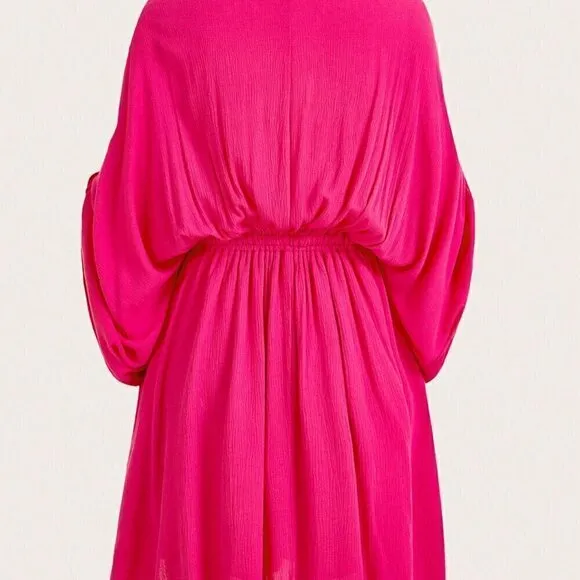 Deep V-Neck Floral Embroidered Batwing Sleeve Dress Hot Pink