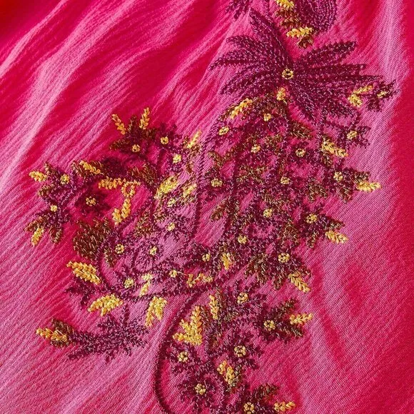 Deep V-Neck Floral Embroidered Batwing Sleeve Dress Hot Pink