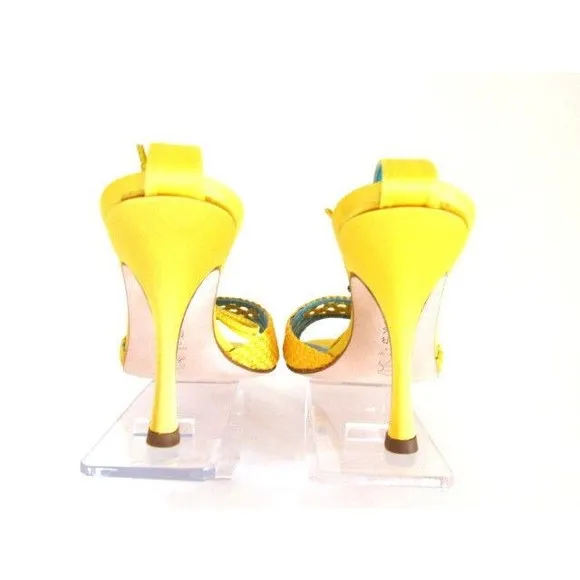 Designer Bcbg Max Azria Yellow Satin Cherry Detail High Heel Sandals 8.5M