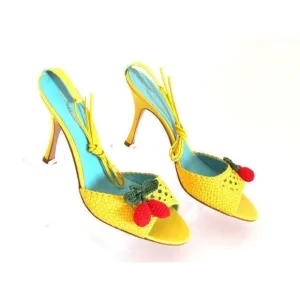 Designer Bcbg Max Azria Yellow Satin Cherry Detail High Heel Sandals 8.5M