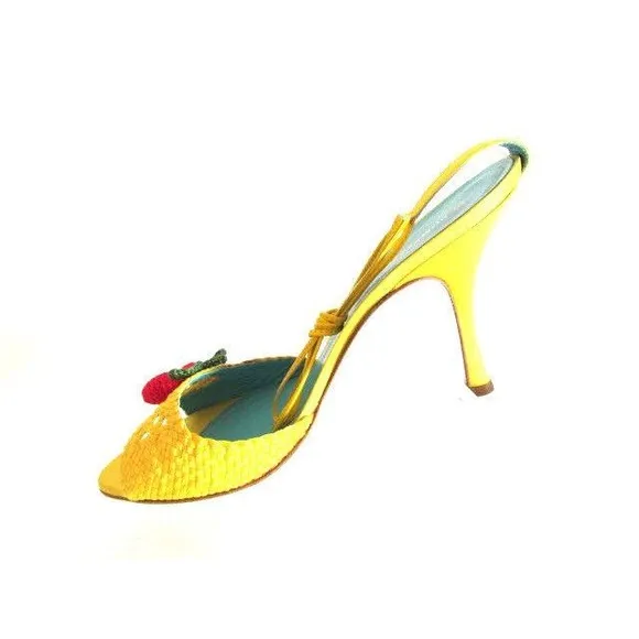 Designer Bcbg Max Azria Yellow Satin Cherry Detail High Heel Sandals 8.5M