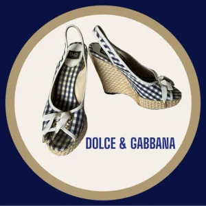 DOLCE &amp; GABBANA NAVY BLUE WHITE GINGHAM PRINT WEDGE SHOES 37-7