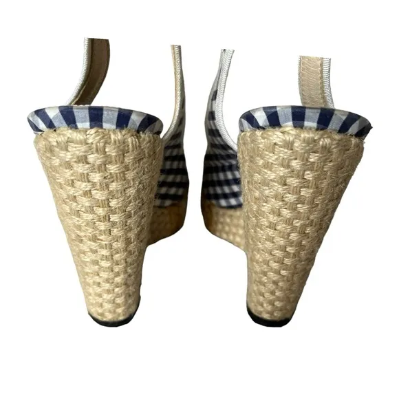 DOLCE &amp; GABBANA NAVY BLUE WHITE GINGHAM PRINT WEDGE SHOES 37-7