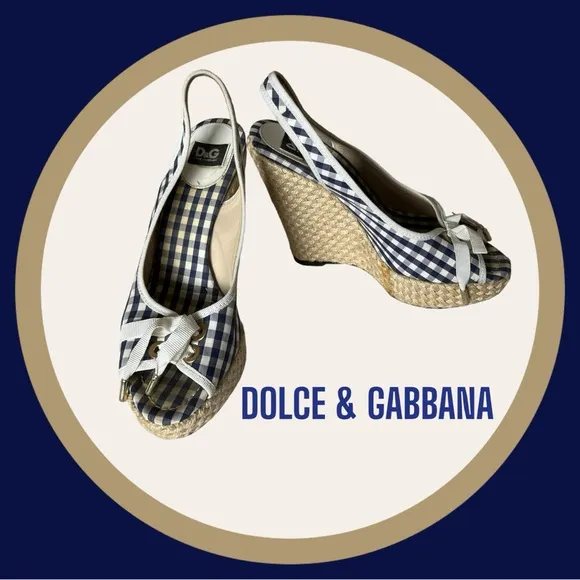 DOLCE &amp; GABBANA NAVY BLUE WHITE GINGHAM PRINT WEDGE SHOES 37-7