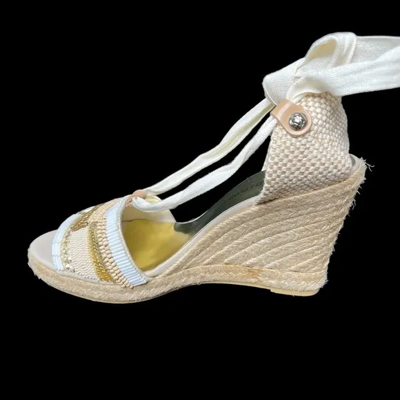 DONALD J PLINER Beaded Wedge Lace Up Ankle Sandal Shoe Cream Tan Size 7.5