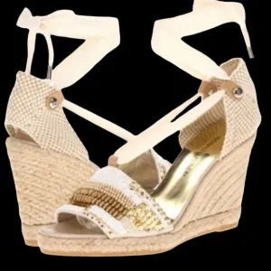 DONALD J PLINER Beaded Wedge Lace Up Ankle Sandal Shoe Cream Tan Size 7.5