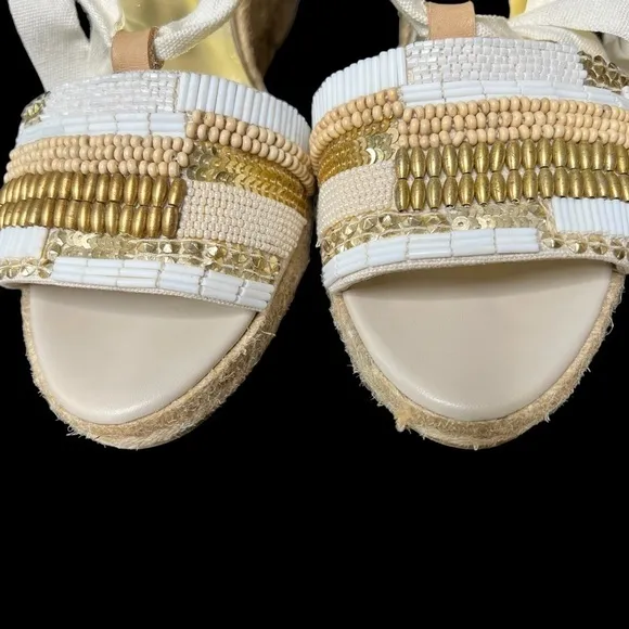 DONALD J PLINER Beaded Wedge Lace Up Ankle Sandal Shoe Cream Tan Size 7.5