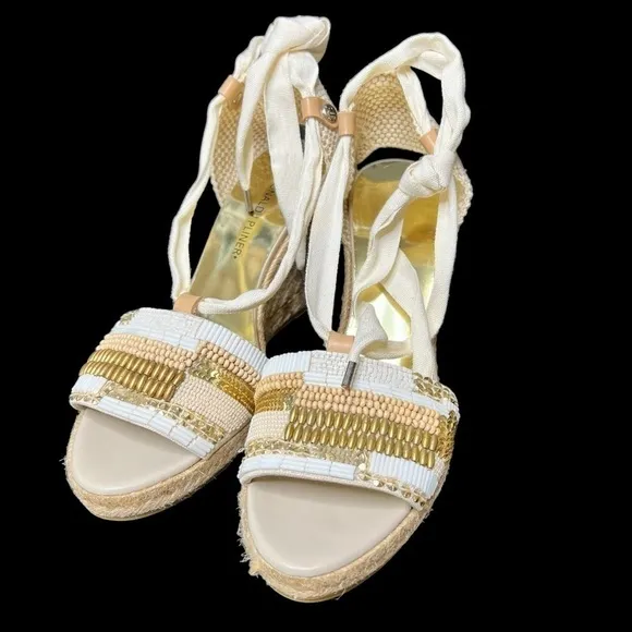 DONALD J PLINER Beaded Wedge Lace Up Ankle Sandal Shoe Cream Tan Size 7.5
