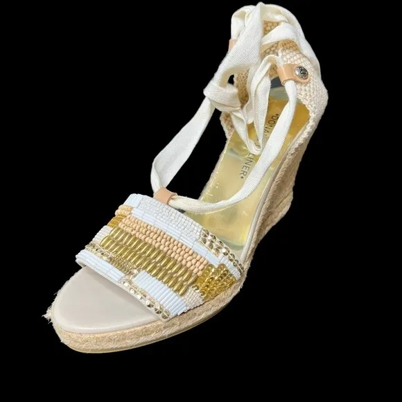 DONALD J PLINER Beaded Wedge Lace Up Ankle Sandal Shoe Cream Tan Size 7.5
