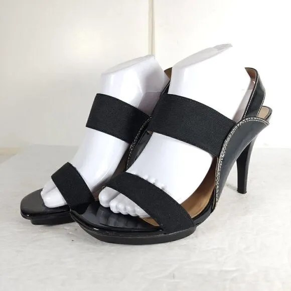 Donald.JPliner Women’s US9, 5M Black Leather Heel Stretch Strappy Sandals Shoes