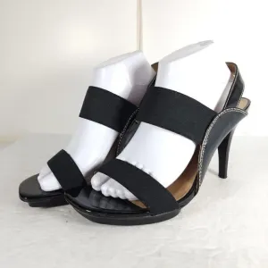 Donald.JPliner Women’s US9, 5M Black Leather Heel Stretch Strappy Sandals Shoes