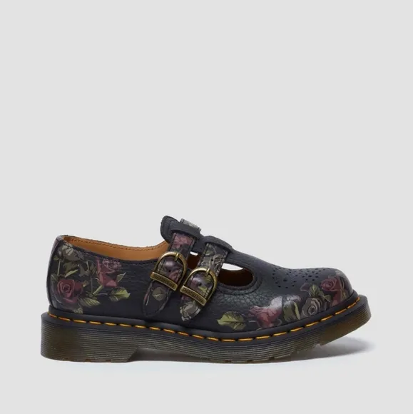 Dr. Martens Floral Black Leather Mary Jane Shoes