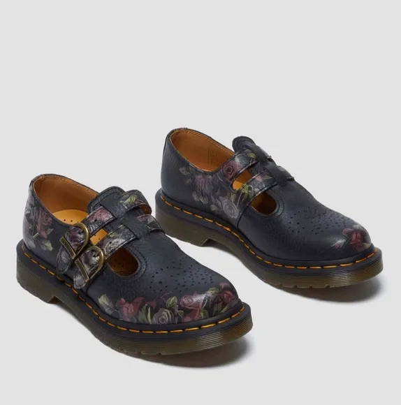 Dr. Martens Floral Black Leather Mary Jane Shoes