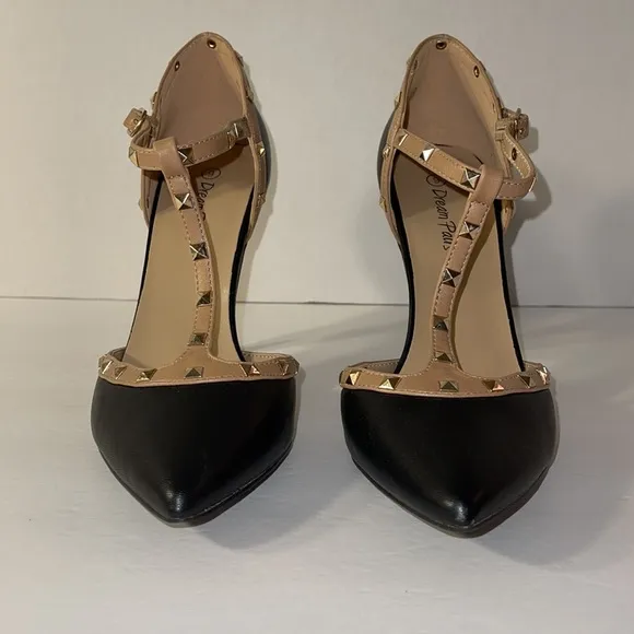 Dream Pairs Black &amp; Beige Point Toe Studded Heel 9