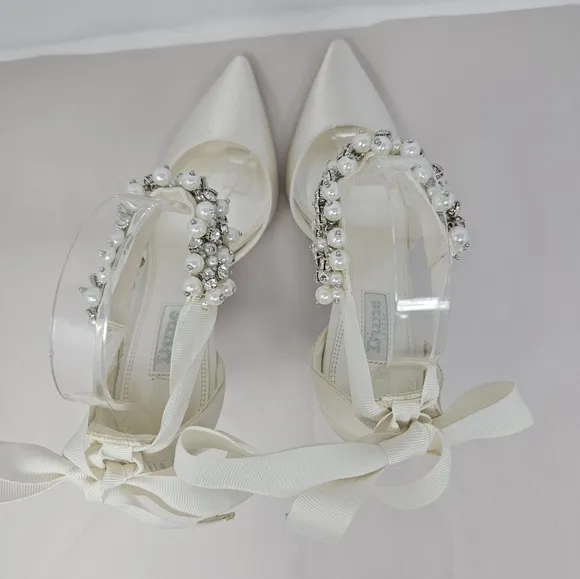 Dune London Womens Bridal Shoes Sz 6 Clarett Ivory Satin Embellished Tie Ankle