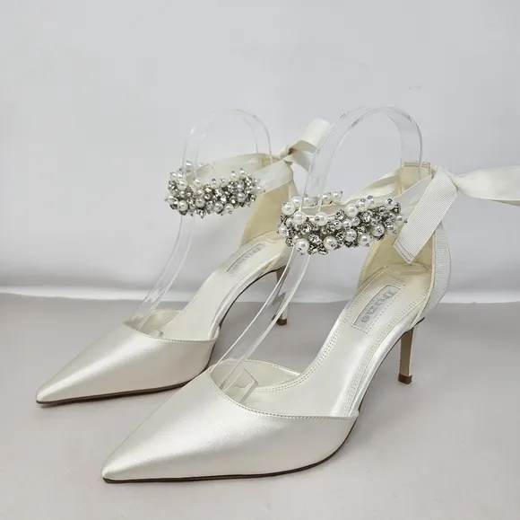 Dune London Womens Bridal Shoes Sz 6 Clarett Ivory Satin Embellished Tie Ankle
