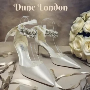 Dune London Womens Bridal Shoes Sz 6 Clarett Ivory Satin Embellished Tie Ankle