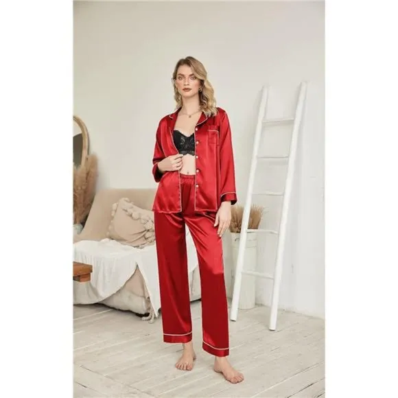 Ekouaer‎ Women's Classic Button Down Long Satin Silk Pajama Set