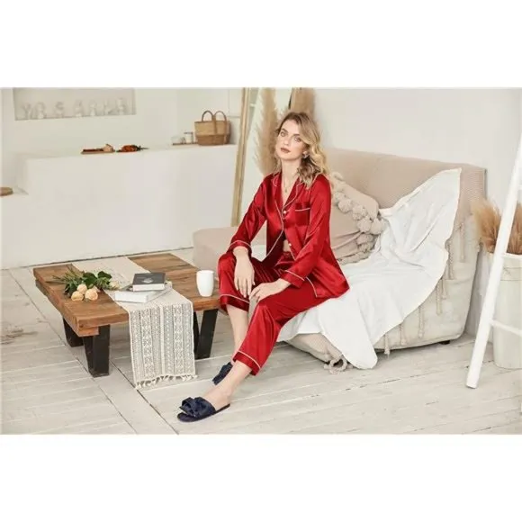 Ekouaer‎ Women's Classic Button Down Long Satin Silk Pajama Set