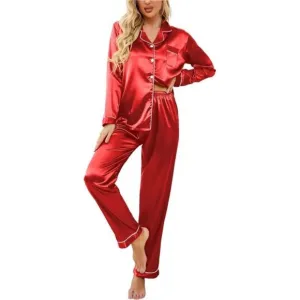 Ekouaer‎ Women's Classic Button Down Long Satin Silk Pajama Set