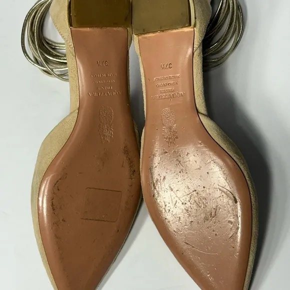 Elegant Beige Ankle Strap Flats ACUAZZURA 7.5 size pre owned good conditions