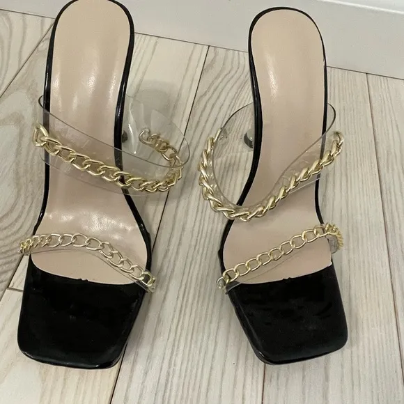 Elegant Black and Gold Chain Strap Heels