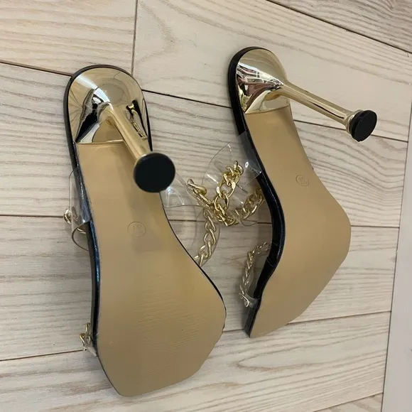 Elegant Black and Gold Chain Strap Heels