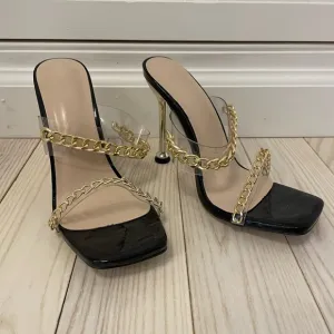 Elegant Black and Gold Chain Strap Heels
