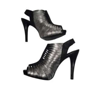 Elegant Black and Silver Leather Devon  Heels size 8.5, Cutout Peep Toe Heels