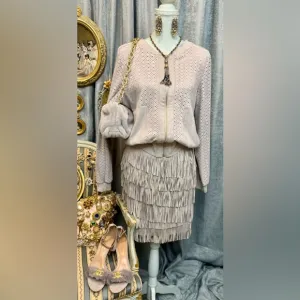 Elegant Gray Suede Fringe Skirt and Jacket