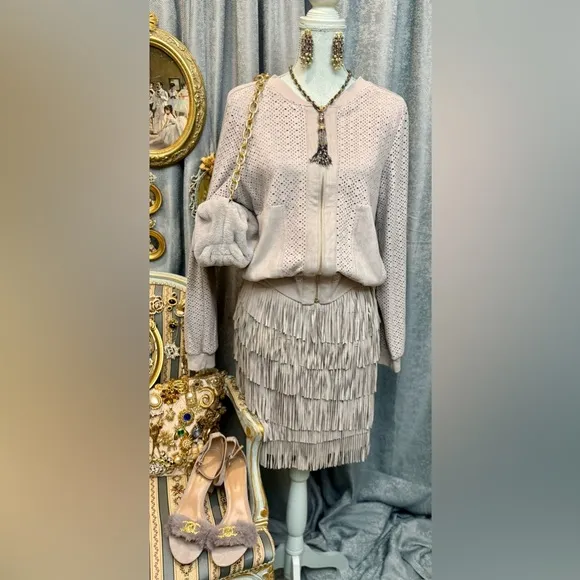 Elegant Gray Suede Fringe Skirt and Jacket