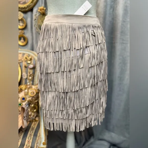 Elegant Gray Suede Fringe Skirt and Jacket