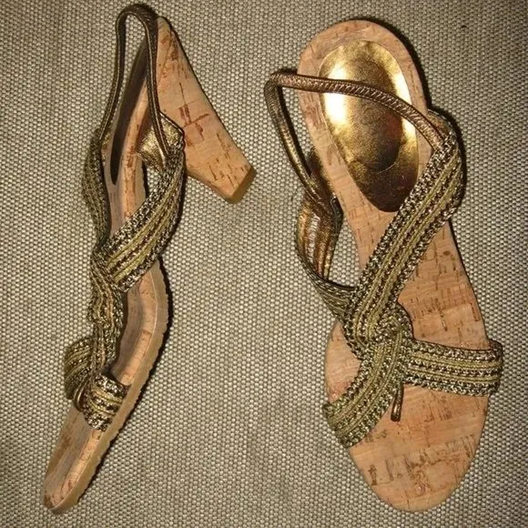 ❤️ERIC JAVITS CORK HEEL THONG WEDGE HEEL SLINGBACK SHOES SZ 9 Italy