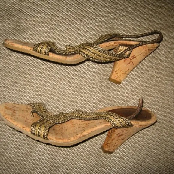 ❤️ERIC JAVITS CORK HEEL THONG WEDGE HEEL SLINGBACK SHOES SZ 9 Italy