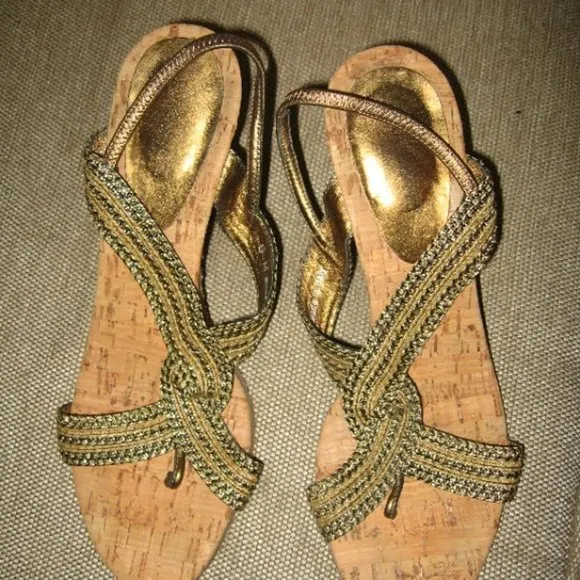 ❤️ERIC JAVITS CORK HEEL THONG WEDGE HEEL SLINGBACK SHOES SZ 9 Italy