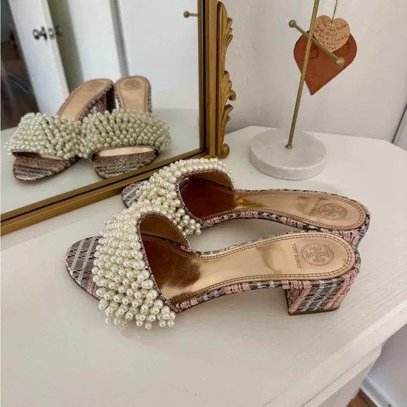 EUC Tory Burch Elegant Pearl Embellished Women's Heels