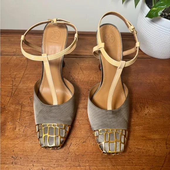 EUC Tory Burch Women's Metal-toe T-strap, Tan and Gold 4.3” Heels