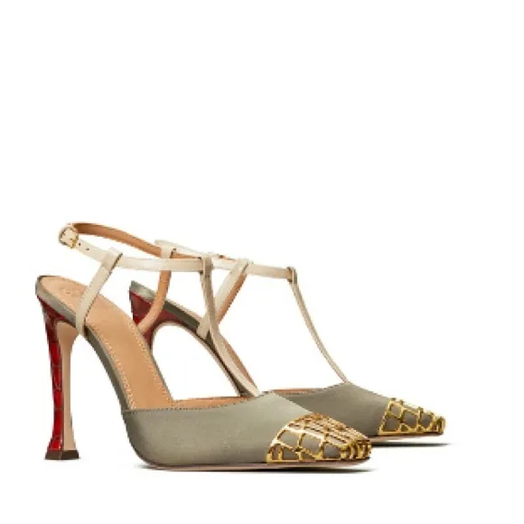 EUC Tory Burch Women's Metal-toe T-strap, Tan and Gold 4.3” Heels