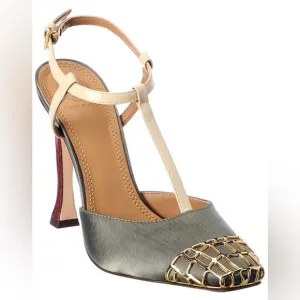 EUC Tory Burch Women's Metal-toe T-strap, Tan and Gold 4.3” Heels