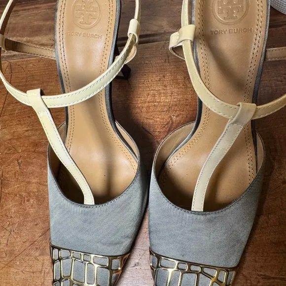 EUC Tory Burch Women's Metal-toe T-strap, Tan and Gold 4.3” Heels