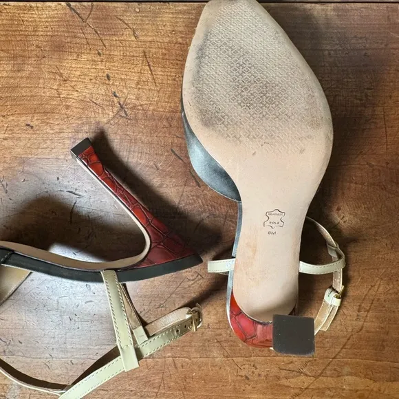 EUC Tory Burch Women's Metal-toe T-strap, Tan and Gold 4.3” Heels