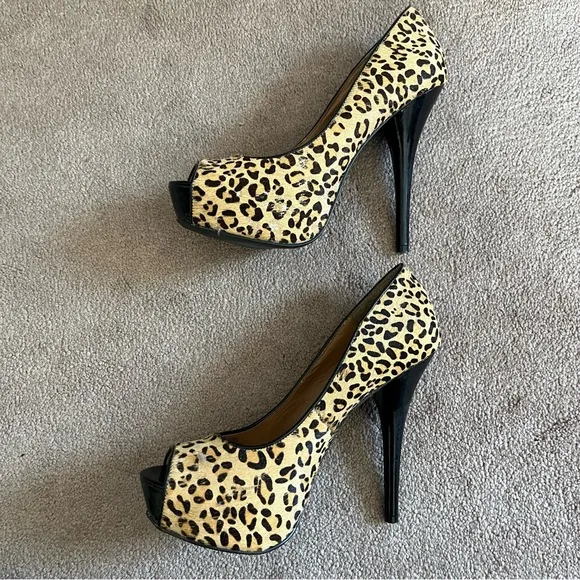 Express Leather Pony Hair Leopard/Cheetah Print Open Toe Stilettos