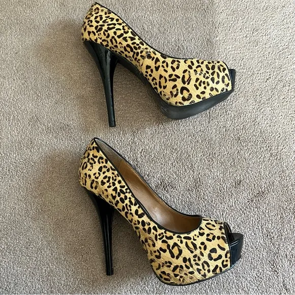 Express Leather Pony Hair Leopard/Cheetah Print Open Toe Stilettos