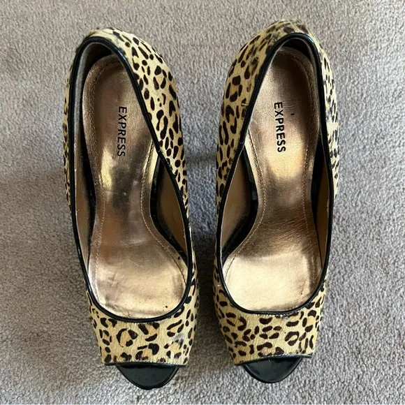 Express Leather Pony Hair Leopard/Cheetah Print Open Toe Stilettos