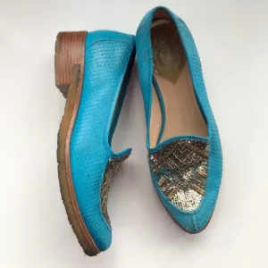 Femme Sars Pens Embellished Leather Loafers Teal Blue