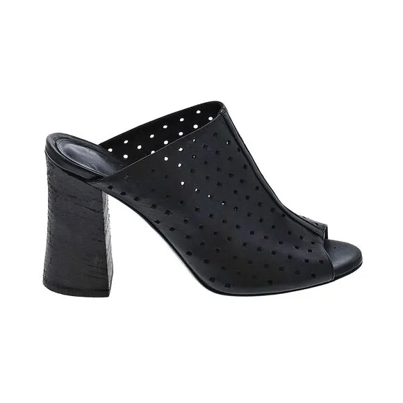 Fiori Francesi Mules Black Leather Heels Italian Stacked Perforated Size 8.5