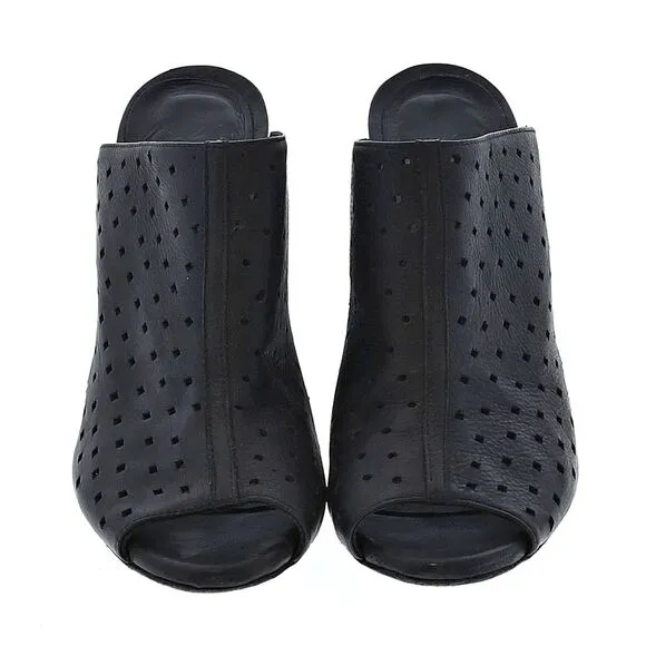 Fiori Francesi Mules Black Leather Heels Italian Stacked Perforated Size 8.5